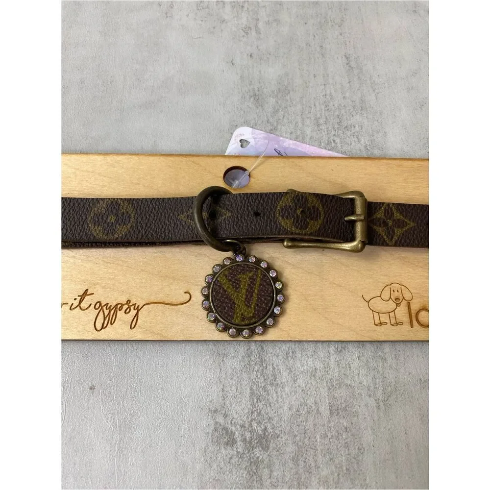 Brown Designer Monogram Dog Collar with Decorative Charm upcycle LV